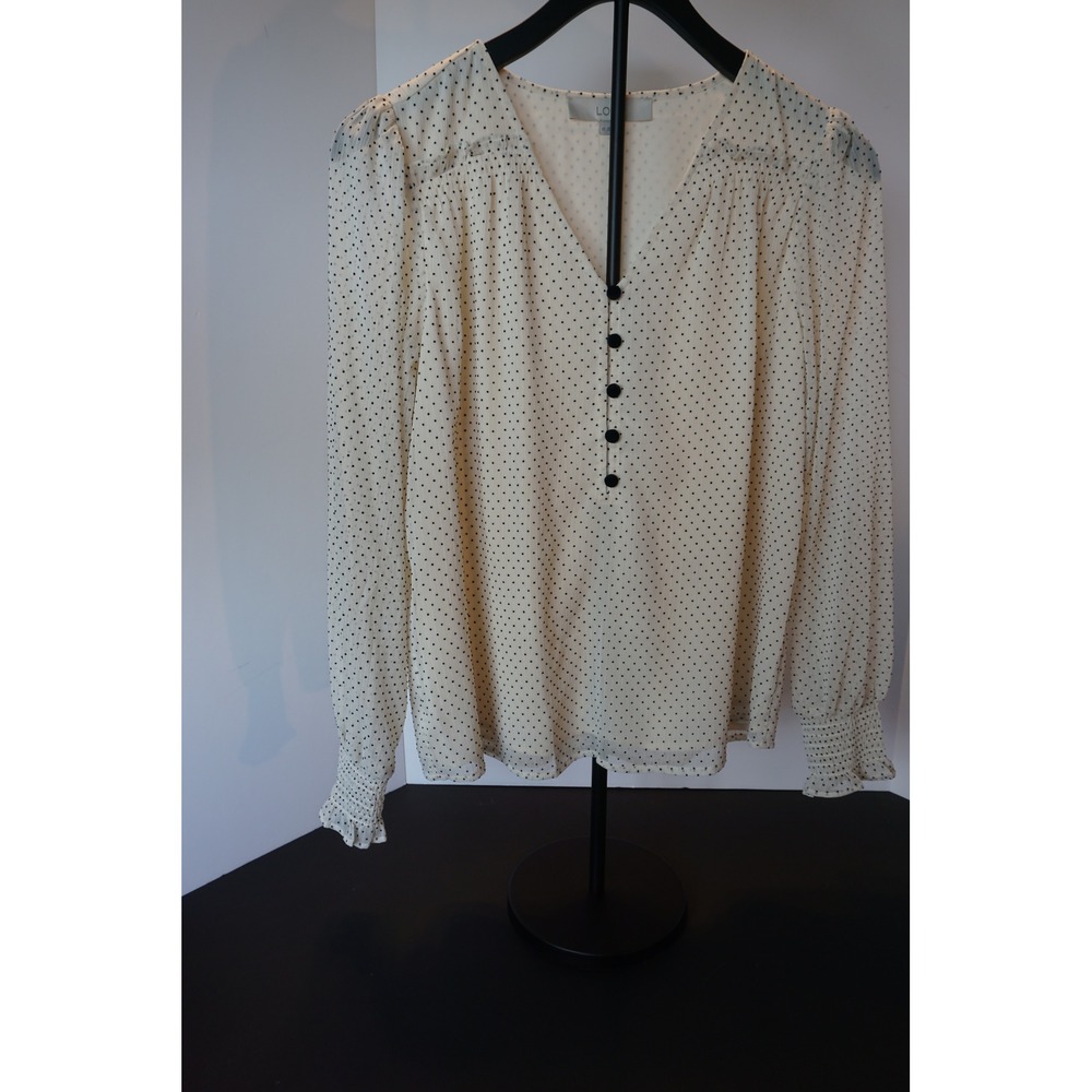 LOFT Polka Dot V-Neck Blouse Cream Black Smocked Cuff Top 601710 XS